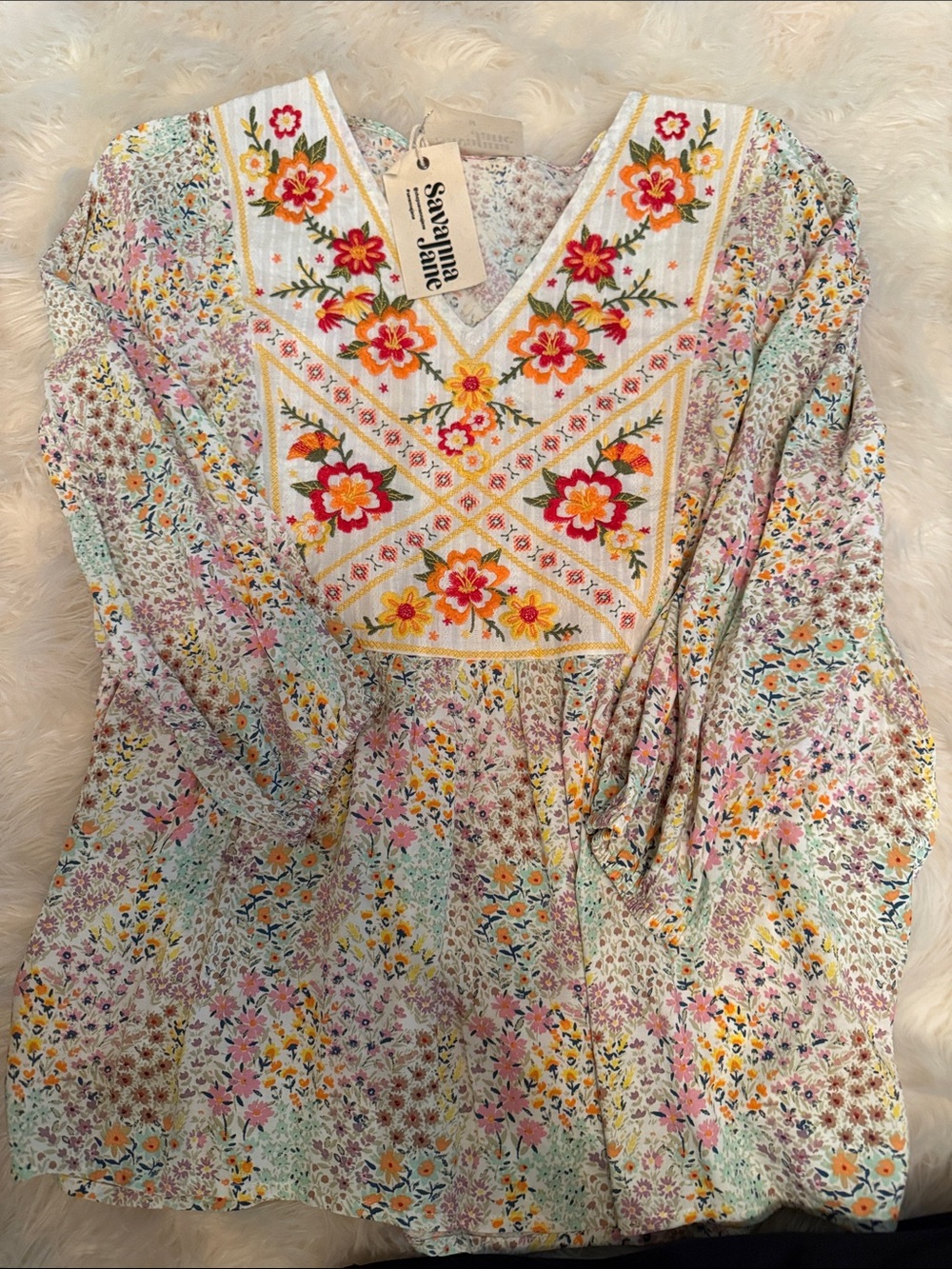 Savanna Jane Floral Embroidered V-Neck Shirt - White, Pink, Yellow, Green